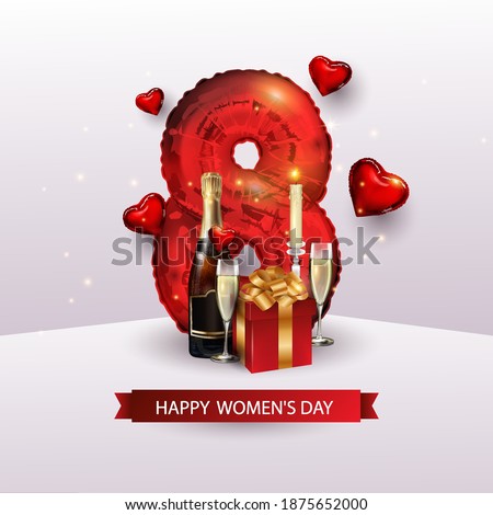 Valentine's day, women's day, Anniversary, wedding day romantic symbols of love. The red color of the form of figure eight, foil, glasses, gift, a bottle of wine. 3 d realistic balls