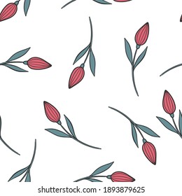 valentine's day, women's day, seamless pattern background with flowers, tulips and heart, perfect for print, fabric,scrapbook,wrapping paper, cards, packaging, graphics.Pink, red, white. Vector design