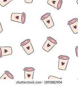 valentine's day, women's day, seamless pattern background with coffee, kiss and heart, perfect for print, fabric,scrapbook, wrapping paper, cards, packaging, graphics. Pink, red, white. Vector design.