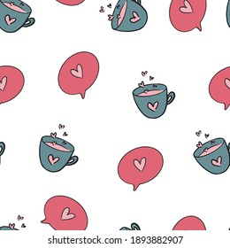 valentine's day, women's day, seamless pattern background with coffee, kiss and heart, perfect for print, fabric,scrapbook, wrapping paper, cards, packaging, graphics. Pink, red, white. Vector design.