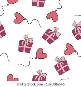 día de San Valentín, día de la mujer, fondo de patrón sin fisuras con regalos, bolsas y corazón, perfecto para imprimir, tela, libro de recortes, papel de envoltura, tarjetas, empaque, gráficos. Rosa, rojo, blanco. Diseño de vectores.