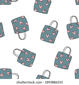 valentine's day, women's day, seamless pattern background with gifts, bags and heart, perfect for print, fabric,scrapbook, wrapping paper, cards, packaging, graphics. Pink, red, white. Vector design.