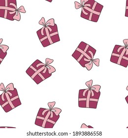 valentine's day, women's day, seamless pattern background with gifts, bags and heart, perfect for print, fabric,scrapbook, wrapping paper, cards, packaging, graphics. Pink, red, white. Vector design.