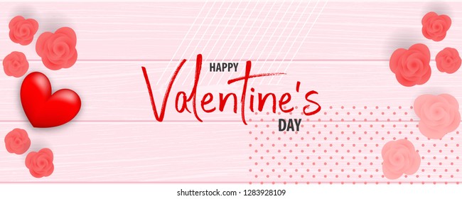 Valentines Day wood 3d vector background. Pink wooden texture, red heart with paper rose bud. Top view realistic design.