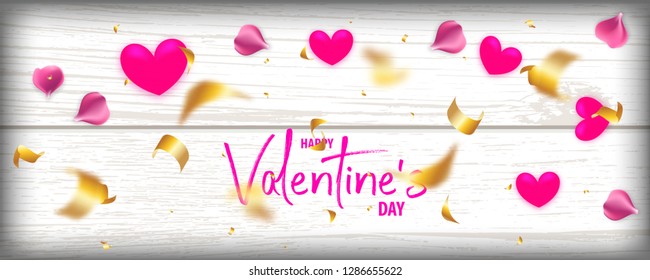 Valentines Day wood 3d vector background. Wooden light texture, red heart with golden serpentine confetti rose petal and hearts. Top view realistic design.