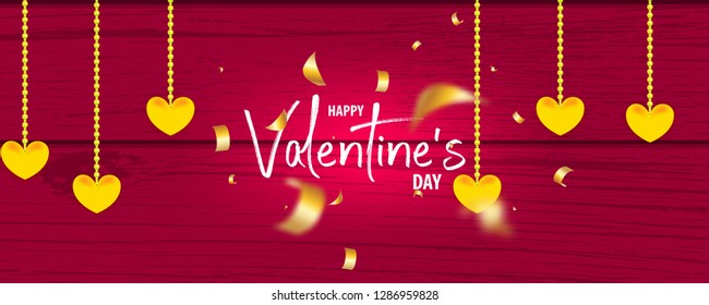 Valentines Day wood 3d vector background. Wooden red texture, yellow heart with golden serpentine confetti and hearts. Top view realistic design.