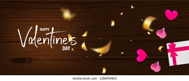 Valentines Day wood 3d vector background. Wooden texture, red heart with golden serpentine confetti, rose petal and gift satin bow. Top view horizontal realistic design. Valentine's Day red bow gift
