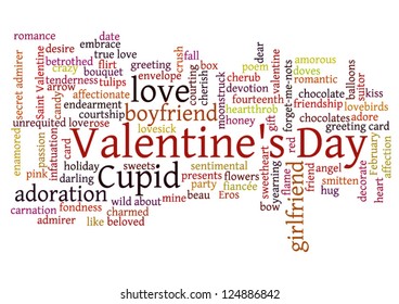 Valentine's Day word cloud concept including  terms such as love, romance, kiss, boyfriend, girlfriend, Cupid and others
