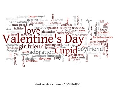Valentine's Day word cloud concept including  terms such as love, romance, kiss, boyfriend, girlfriend, Cupid and others