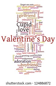 Valentine's Day word cloud concept including  terms such as love, romance, kiss, boyfriend, girlfriend, Cupid and others