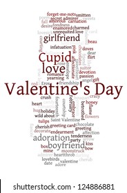 Valentine's Day word cloud concept including  terms such as love, romance, kiss, boyfriend, girlfriend, Cupid and others