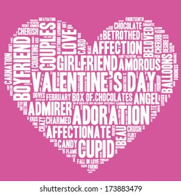 Valentine's Day word cloud concept including terms such as love, romance, kiss, boyfriend, girlfriend, Cupid and others in the shape of a heart, white letters on pink background 
