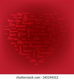 Valentine's Day word cloud concept including terms such as love, kiss, like, romantic, beautiful, Valentine