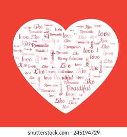 Valentine's Day word cloud concept including terms such as love, kiss, like, romantic, beautiful, Valentine