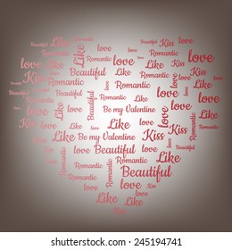 Valentine's Day word cloud concept including terms such as love, kiss, like, romantic, beautiful, Valentine