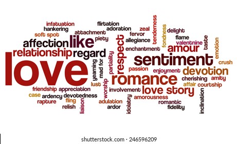 Valentine's Day word cloud concept including terms such as love, love story, romance, kiss, boyfriend, girlfriend, Cupid and others