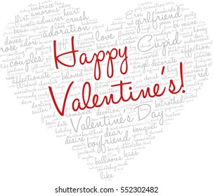 Valentine's Day word cloud concept including terms such as love, romance, kiss, boyfriend, girlfriend, Cupid and others; shape of heart with words "Happy Valentine's"