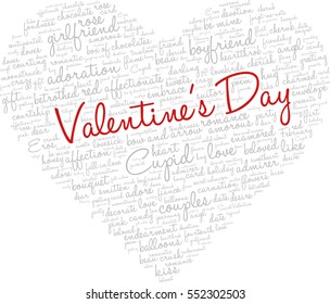 Valentine's Day word cloud concept including terms such as love, romance, kiss, boyfriend, girlfriend, Cupid and others; shape of heart with words "Valentine's Day"