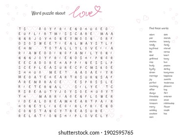 Valentine's day word puzzle crossword - find the listed words about love in the brain work puzzle. attentiveness test, riddle game in English. words are located forward and down