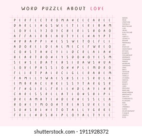 Valentines day word puzzle crossword - find the listed words about love in the brain work puzzle. attentiveness test, riddle game in English. words are located forward and down