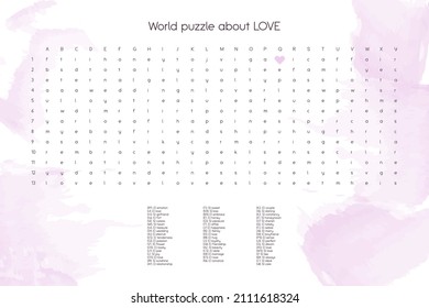 Valentines day word puzzle crossword - find the listed words about love in the brain work puzzle. attentiveness test, riddle game in English. words are located forward and down
