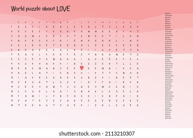 Valentines day word puzzle crossword - find the listed words about love in the brain work puzzle. attentiveness test, riddle game in English. words are located forward and down