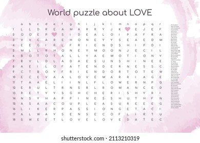 Valentines day word puzzle crossword - find the listed words about love in the brain work puzzle. attentiveness test, riddle game in English. words are located forward and down