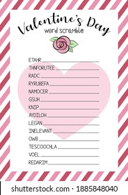 Valentine's Day word scramble. Educational logic game for learning English. Party card. Printable worksheet. Vector eps 10