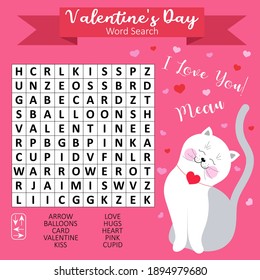 Rompecabezas de búsqueda de palabras del Día de San Valentín para los niños. Juego educativo para aprender inglés. Hoja de cálculo imprimible. Ilustración vectorial con gatito. 