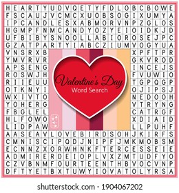 Valentine's Day word search puzzle. Find hidden words about holiday. Suitable for social media post. Educational game  for learning English.