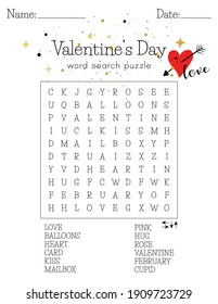 Valentine's Day word search puzzle. Educational game for learning English. Party card. Printable activity worksheet.  Find hidden words about love. 