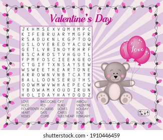 Valentine's Day word search puzzle with cute bear.  Suitable for social media post. Educational game for learning English. Vector illustration. 