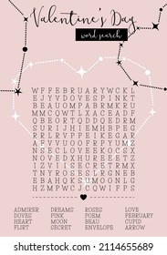 Valentine's Day word search puzzle. Printable party card. Educational game. Crossword suitable for social media post. crossword, trivia, activity card. Love theme. Vector heart constellations 