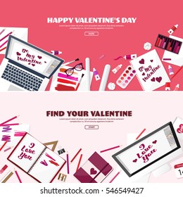 Valentines Day. Workplace with table. Design Equipment. Drawing on paper. Handmade love card. Typewriting. Greeting. February 14.
