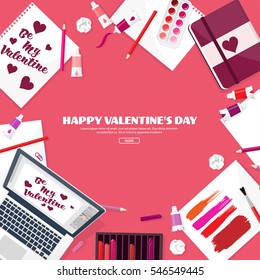 Valentines Day. Workplace with table. Design Equipment. Drawing on paper. Handmade love card. Typewriting. Greeting. February 14.