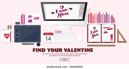 Valentines Day. Workplace with table. Design Equipment. Drawing on paper. Handmade love card. Typewriting. Greeting. February 14.