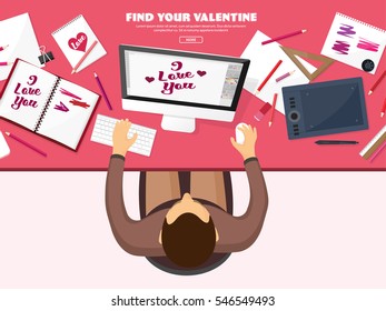 Valentines Day. Workplace with table. Design Equipment. Drawing on paper. Handmade love card. Typewriting. Greeting. February 14.