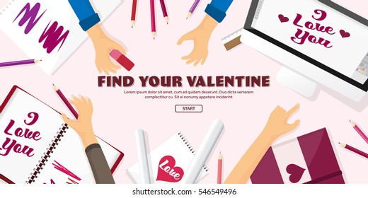 Valentines Day. Workplace with table. Design Equipment. Drawing on paper. Handmade love card. Typewriting. Greeting. February 14.