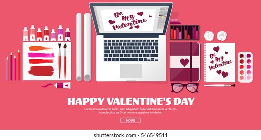 Valentines Day. Workplace with table. Design Equipment. Drawing on paper. Handmade love card. Typewriting. Greeting. February 14.