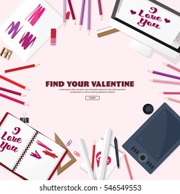 Valentines Day. Workplace with table. Design Equipment. Drawing on paper. Handmade love card. Typewriting. Greeting. February 14.