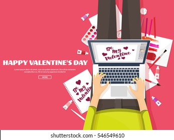 Valentines Day. Workplace with table. Design Equipment. Drawing on paper. Handmade love card. Typewriting. Greeting. February 14.