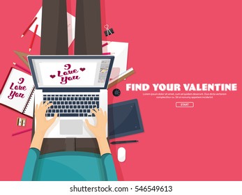 Valentines Day. Workplace with table. Design Equipment. Drawing on paper. Handmade love card. Typewriting. Greeting. February 14.