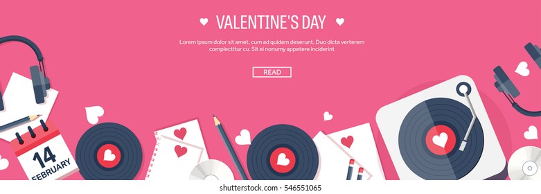 Valentines Day. Workplace with table. Design Equipment. Drawing on paper. Handmade love card. Typewriting. Greeting. February 14.