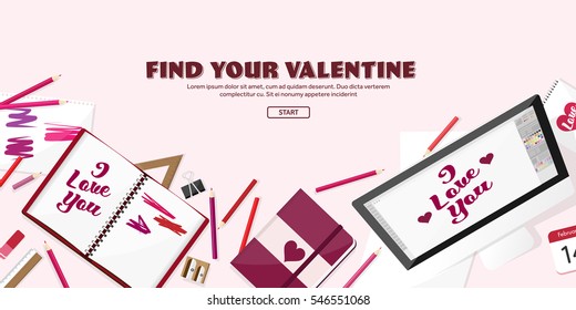Valentines Day. Workplace with table. Design Equipment. Drawing on paper. Handmade love card. Typewriting. Greeting. February 14.