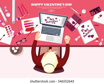 Valentines Day. Workplace with table. Design Equipment. Drawing on paper. Handmade love card. Typewriting. Greeting. February 14.