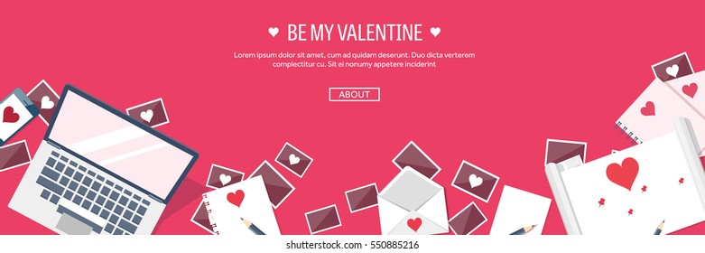 Valentines Day. Workplace with table. Design Equipment. Drawing on paper. Handmade love card. Typewriting. Greeting. February 14.