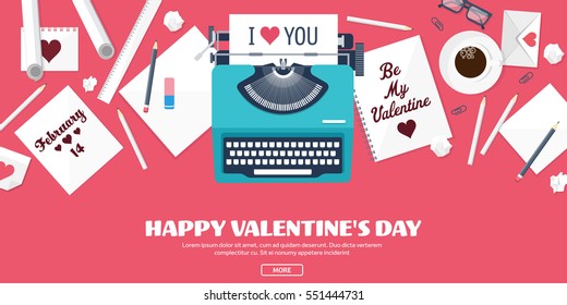 Valentines Day. Workplace with table. Design Equipment. Drawing on paper. Handmade love card. Typewriting. Greeting. February 14.Typewriter.