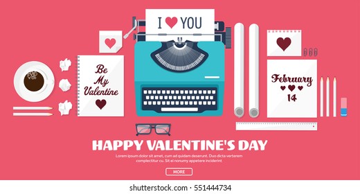 Valentines Day. Workplace with table. Design Equipment. Drawing on paper. Handmade love card. Typewriting. Greeting. February 14.Typewriter.