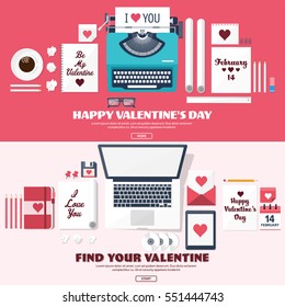 Valentines Day. Workplace with table. Design Equipment. Drawing on paper. Handmade love card. Typewriting. Greeting. February 14.Typewriter.
