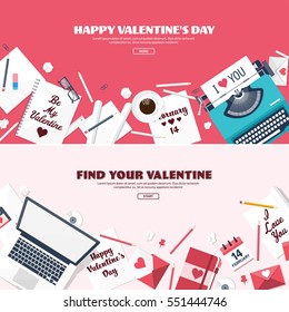 Valentines Day. Workplace with table. Design Equipment. Drawing on paper. Handmade love card. Typewriting. Greeting. February 14.Typewriter.